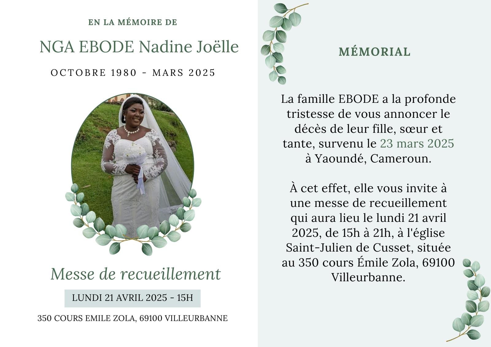 Faire-part officiel de la messe de recueillement